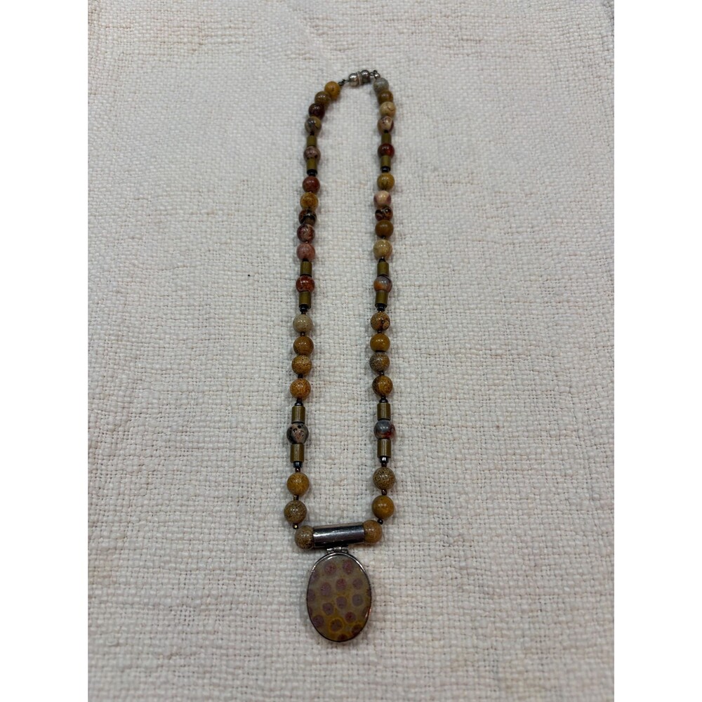 Sterling Fossilized Stone Beaded Pendant Necklace
